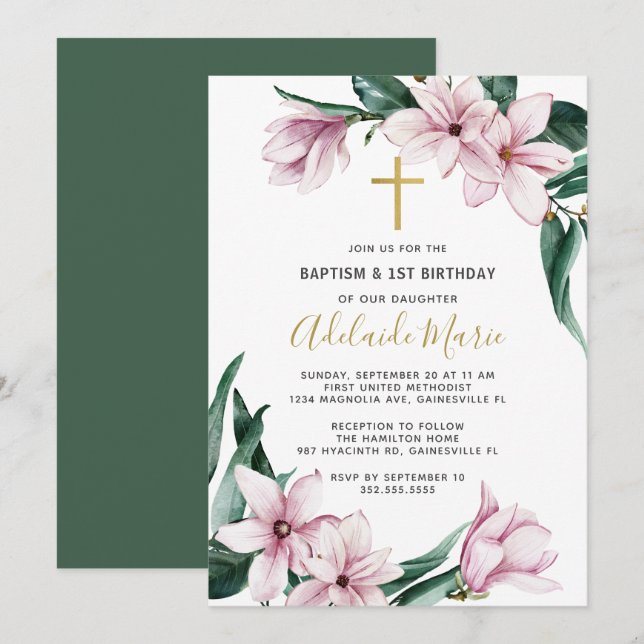 Floral Baptism and First Birthday Invitation (Front/Back)