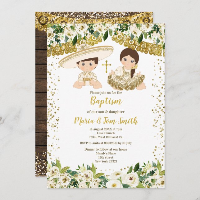 Floral Baptism Fiesta Twin Invitation (Front/Back)