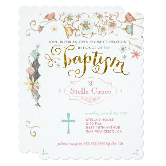 Floral Baptism Invitation for a Girl with Photo