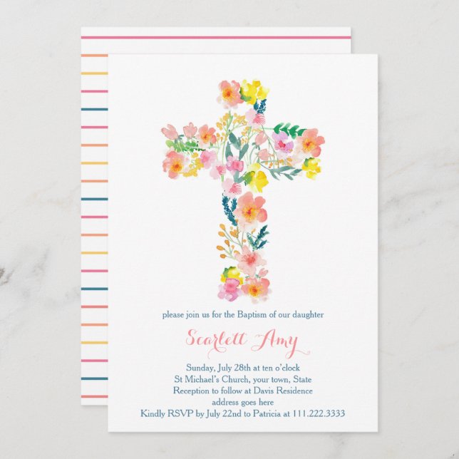 floral Baptism invites, pink yellow Cross invites (Front/Back)