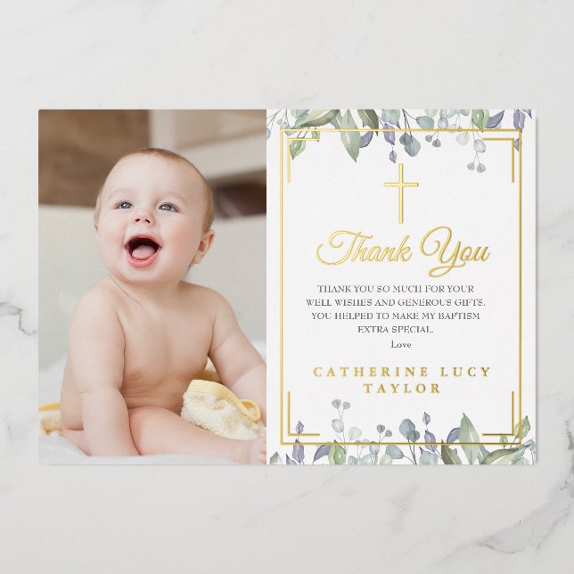 Floral Baptism Photo Gold Foil Thank You Card (Front)