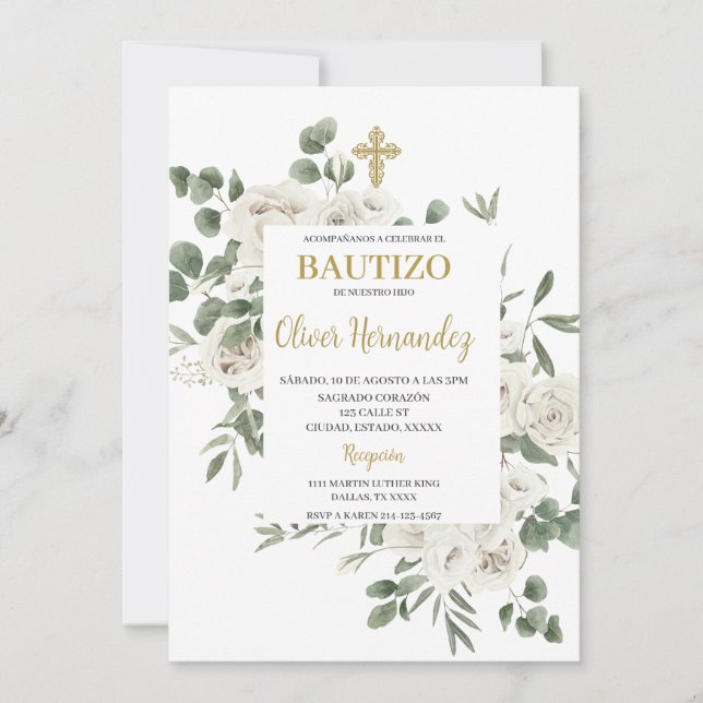 Floral Baptism Spanish Invitation (Front)