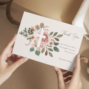 Floral Baptism with Cross Flat Thank You Card