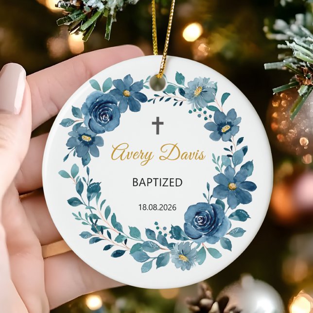 Floral Baptized Personalized Name and Date Ceramic Ornament (Creator Uploaded)