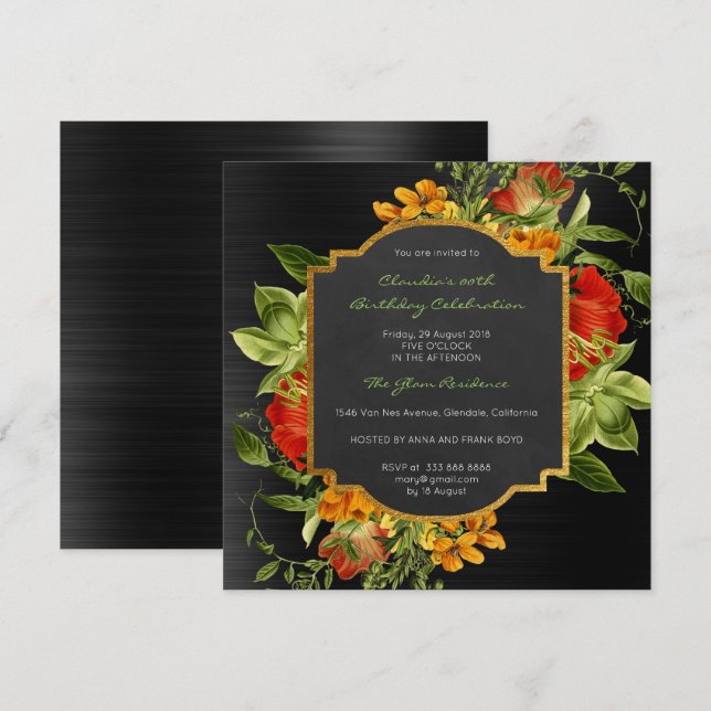 Floral Baroque Birthday Gold Frame Black Glam Red Invitation (Front/Back)