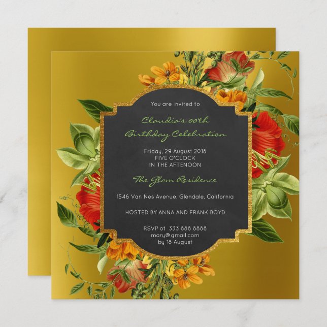 Floral Baroque Birthday Gold Frame Black Mustard Invitation (Front/Back)