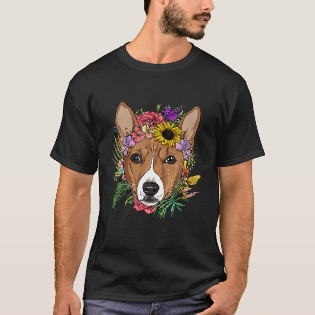 Floral Basenji Dog Spring Nature Dog Lovers T-Shirt (Front)