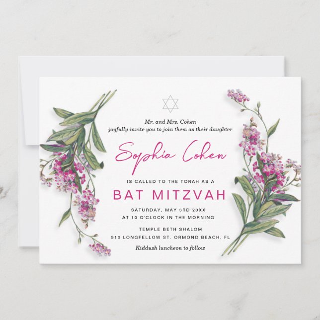 Floral Bat Mitzvah Invitation Botanical (Front)