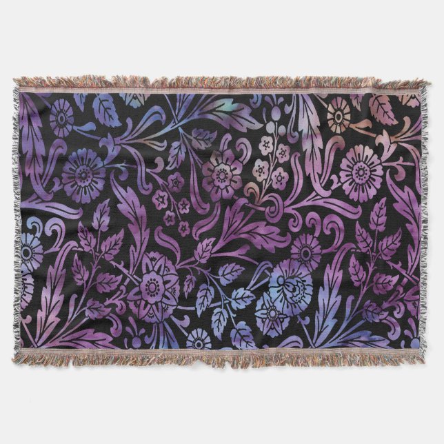 Floral Batik in blue and purple Throw Blanket (Front)