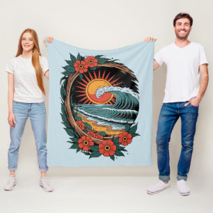 Floral Beach Lover Sunset Vacation Gift Retro Fleece Blanket