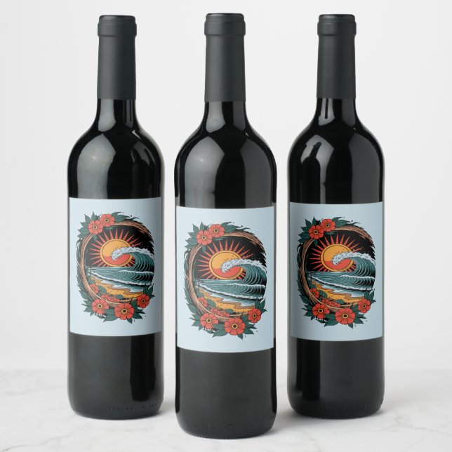 Floral Beach Lover Sunset Vacation Gift Retro Wine Label (Bottles)