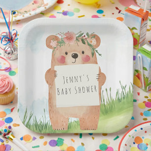 Floral Bear Baby Girl Shower Paper Plate