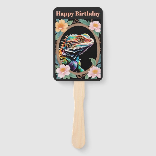 Floral Bearded Dragon Lizard Customizable Wording Hand Fan (Front)