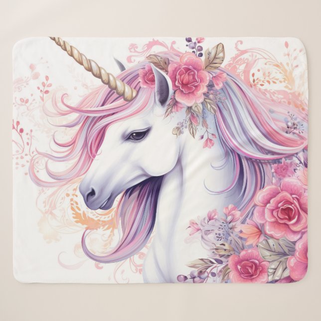 Floral Beautiful Unicorn Sherpa Blanket (Front (Horizontal))