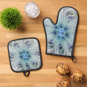 Floral Beauty Abstract Modern Blue Pastel Flower Oven Mitt & Pot Holder Set