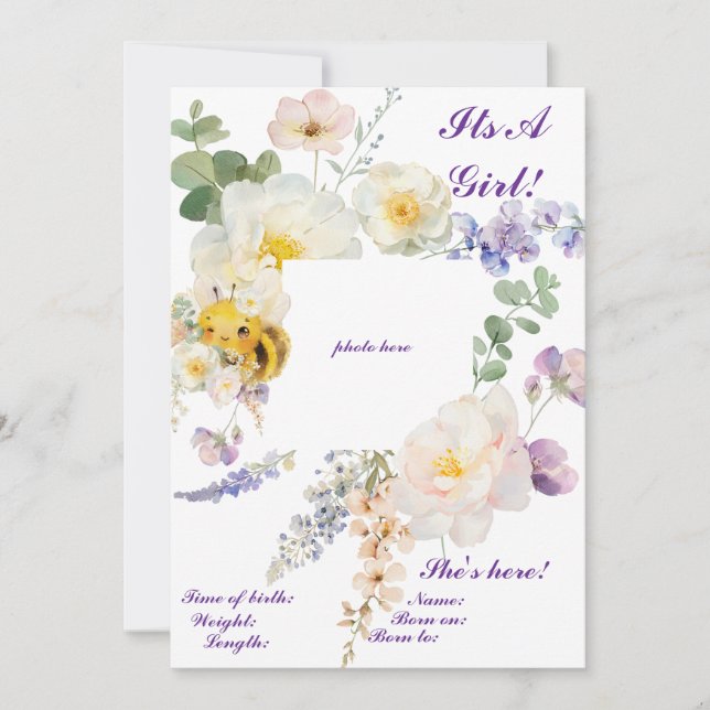 Floral Bee Birth Announcement (Front)