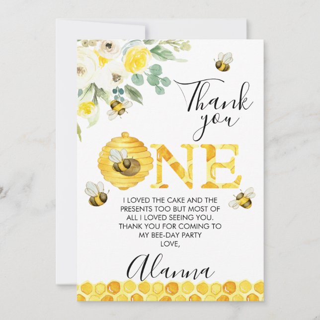 Floral Bee First Bee-day Birthday Thank You Card (Front)