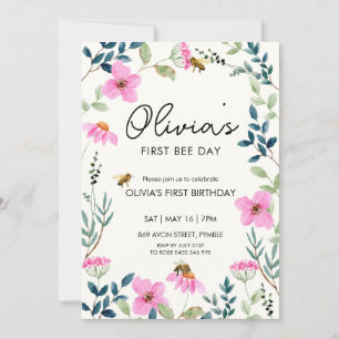 Floral Bee First Birthday Invitation
