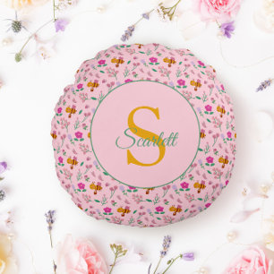 Floral Bee & Flowers pattern Monogram Name Round Pillow