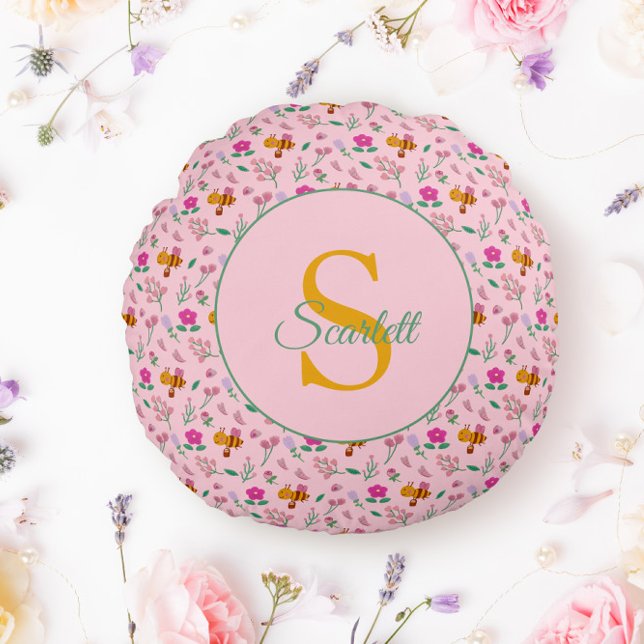 Floral Bee & Flowers pattern Monogram Name Round Pillow (Creator Uploaded)