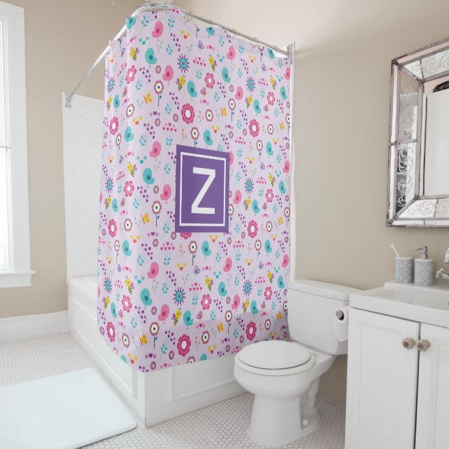Floral Bee Pattern Purple Monogram Kids (In Situ)
