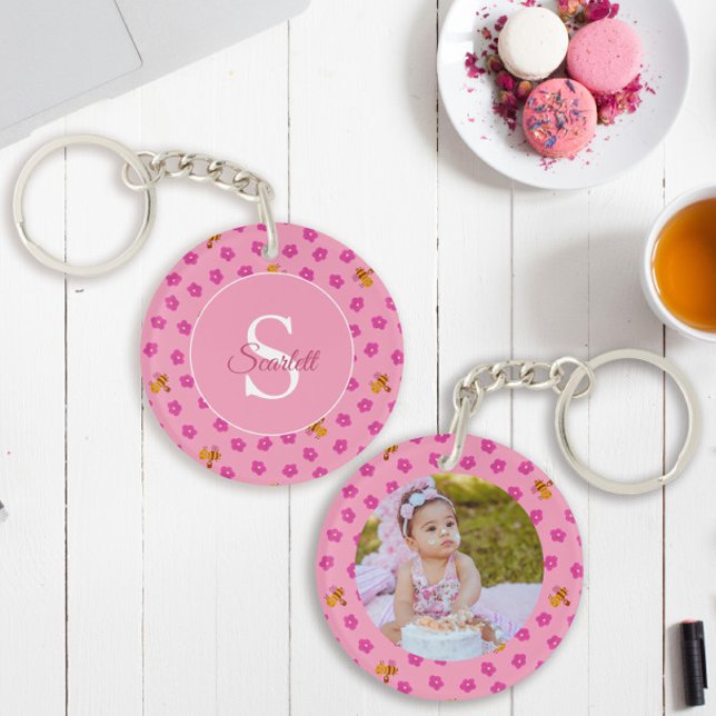 Floral Bee Pink Watercolor Pattern Name Monogram  Keychain (Creator Uploaded)