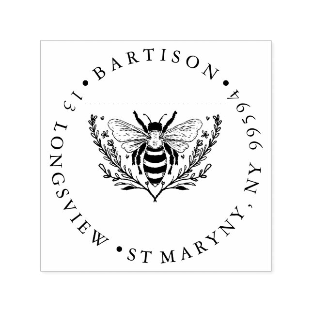 Floral Bee ROUND RETURN ADDRESS  RUBBER STAMP (Design)