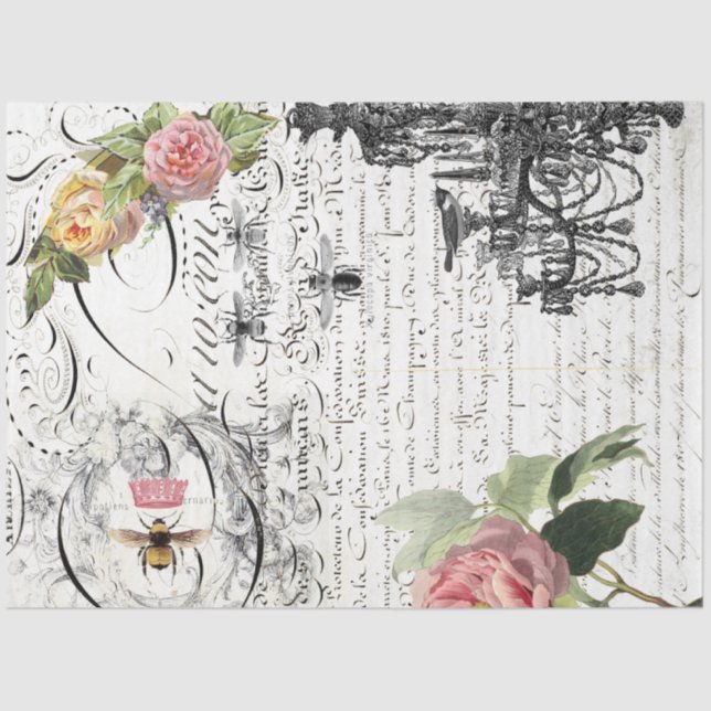 Floral Bee Script Decoupage Tissue Paper (Front)
