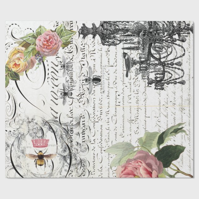Floral Bee Script Wrapping Paper (Flat)