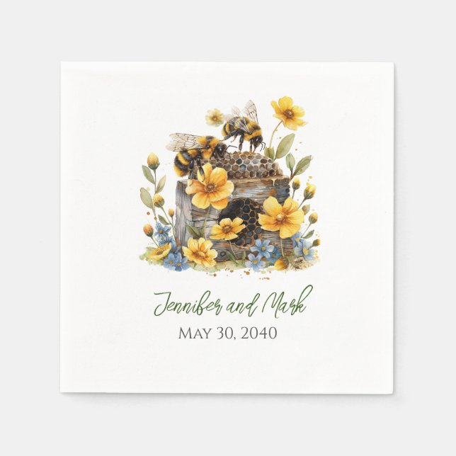 Floral Bee Themed Wedding Cocktail Napkins (Front)