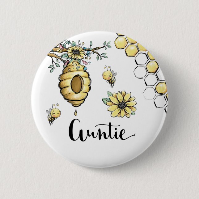 Floral Beehive Honey Sweet Bee Baby Shower Auntie 2 Inch Round Button (Front)