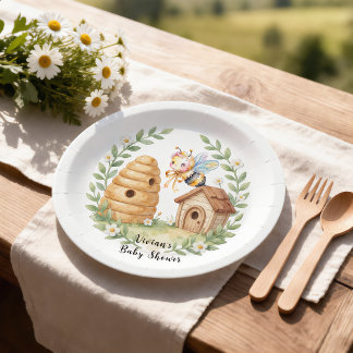 Floral Beehives and little Bee Baby Shower Paper Plate