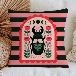 Floral Beetle Celestial Folk Art Insect Striped Throw Pillow