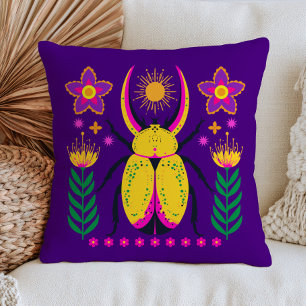 Floral Beetle Insect Illustration Bold Purple Boho Throw Pillow