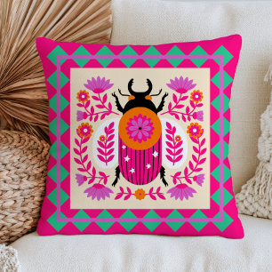 Floral Beetle Insect Illustration Fuchsia Pink Throw Pillow