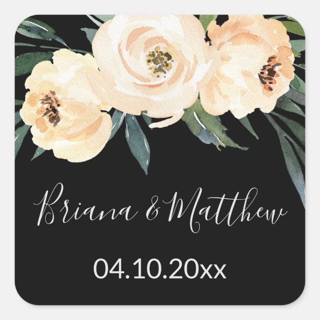 Floral Beige Black and White Wedding Favours Square Sticker (Front)