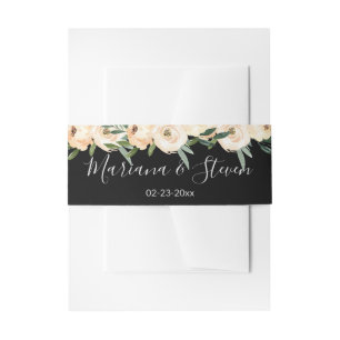 Floral Beige Black Wedding Invitation Belly Band