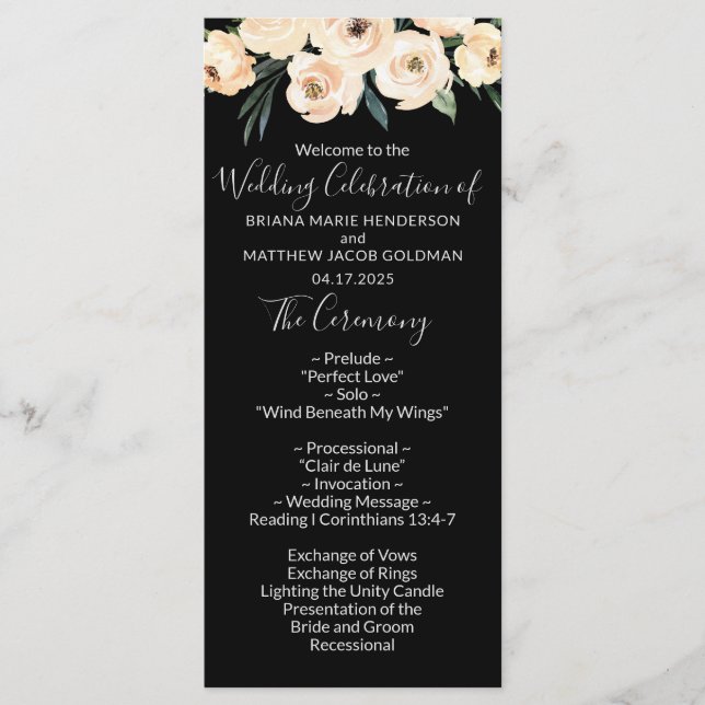 Floral Beige Black Wedding Program (Front)