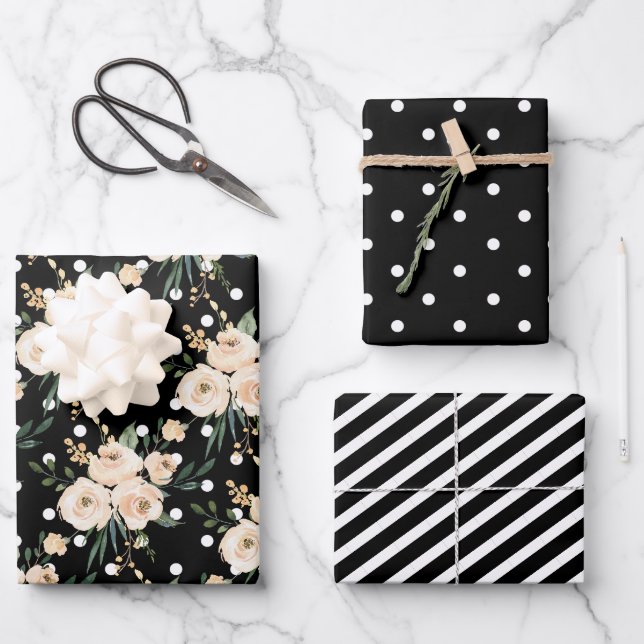 Floral Beige Black Wedding Wrapping Paper Sheet (Front)