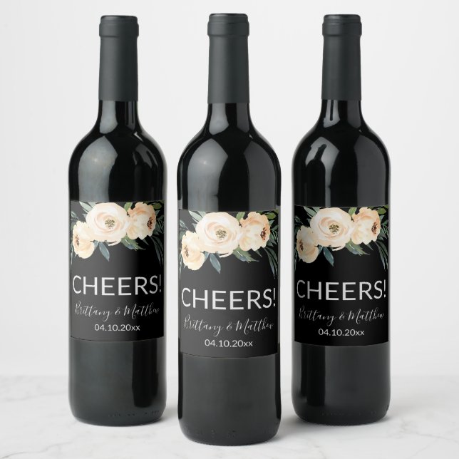 Floral Beige Blush on Black Wine Label (Bottles)