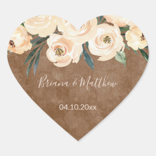 Floral Beige Blush on Brown Wedding Favours Heart  Heart Sticker
