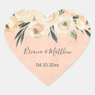 Floral Beige Blush on Pink Wedding Favours Heart Sticker