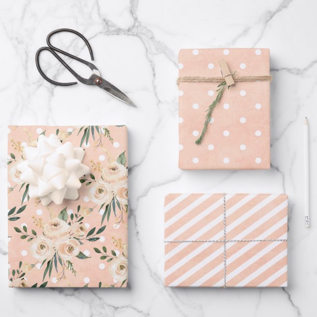 Floral Beige Blush on Pink Wedding Wrapping Paper Sheet (Front)