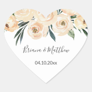 Floral Beige Blush on White Wedding Favours Heart Sticker