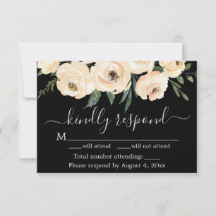 Floral Beige Blush Roses Gold Black RSVP Card
