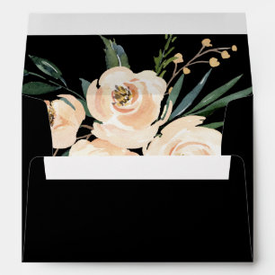 Floral Beige Blush Roses Gold on Black Wedding Envelope