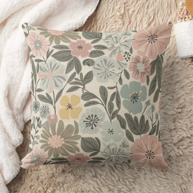 Floral Beige Boho Throw Pillow (Blanket)