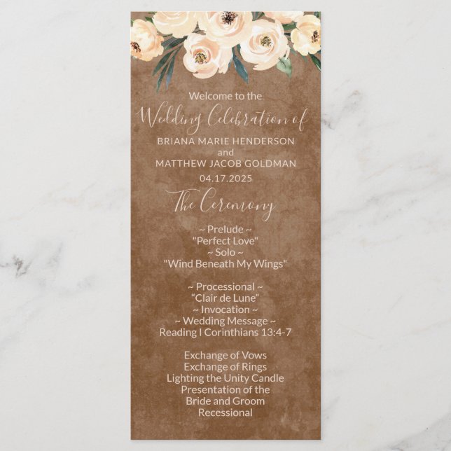 Floral Beige Brown Wedding Program (Front)