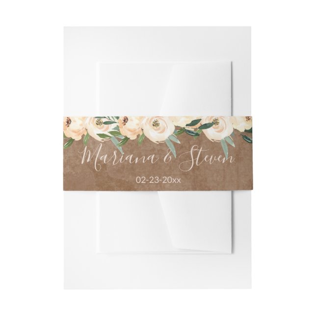 Floral Beige Gold on Brown Wedding Inv Invitation Belly Band (Front Example)