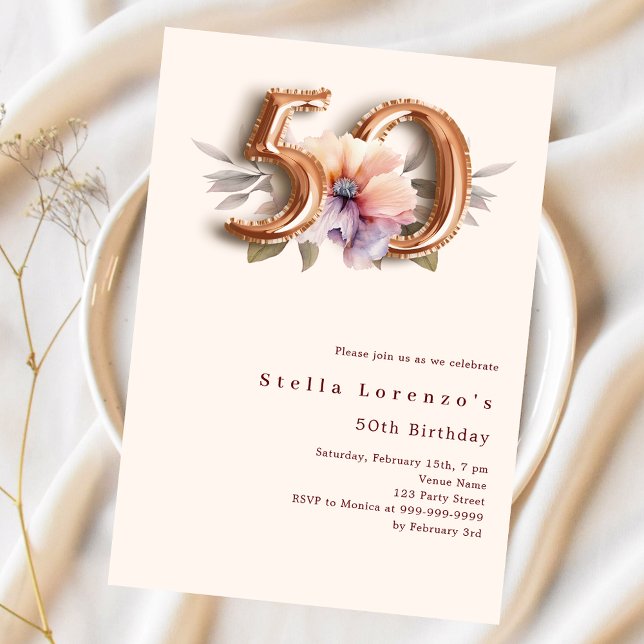 Floral beige gold peach budget 50th birthday (Creator Uploaded)